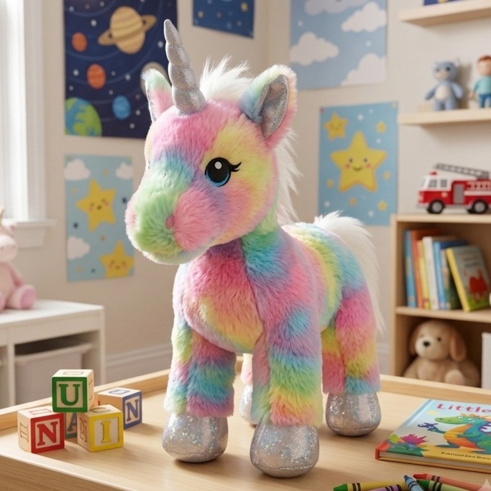 Build-A-Bear Workshop Rainbow Tie Dye Unicorn Plush Silver Sparkle Horn 16in
